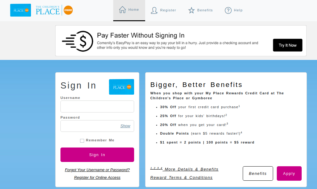 Manage your Childrens Place Credit Card
